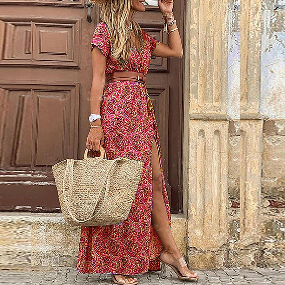 Bohemian Maxi Dress | Vintage Print | High Slit Style