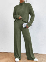 Women’s Two-Piece Knit Set with Turtleneck | Casual Jumper and Wide Leg Pants
