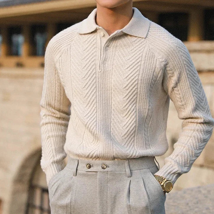 Men’s Patterned Knit Sweater | Long Sleeve Polo Style | Slim Fit Pullover | Autumn Smart Casual Layer