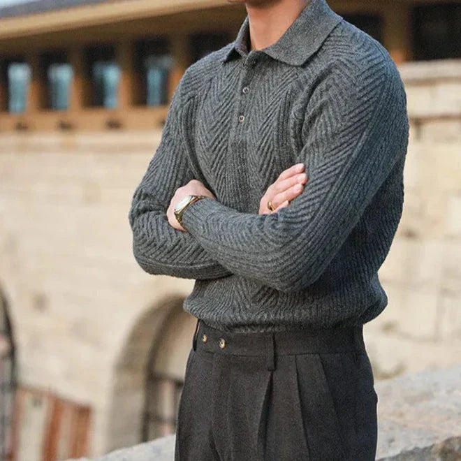 Men’s Patterned Knit Sweater | Long Sleeve Polo Style | Slim Fit Pullover | Autumn Smart Casual Layer