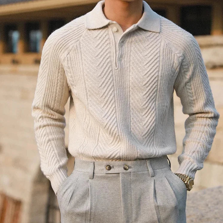 Men’s Patterned Knit Sweater | Long Sleeve Polo Style | Slim Fit Pullover | Autumn Smart Casual Layer