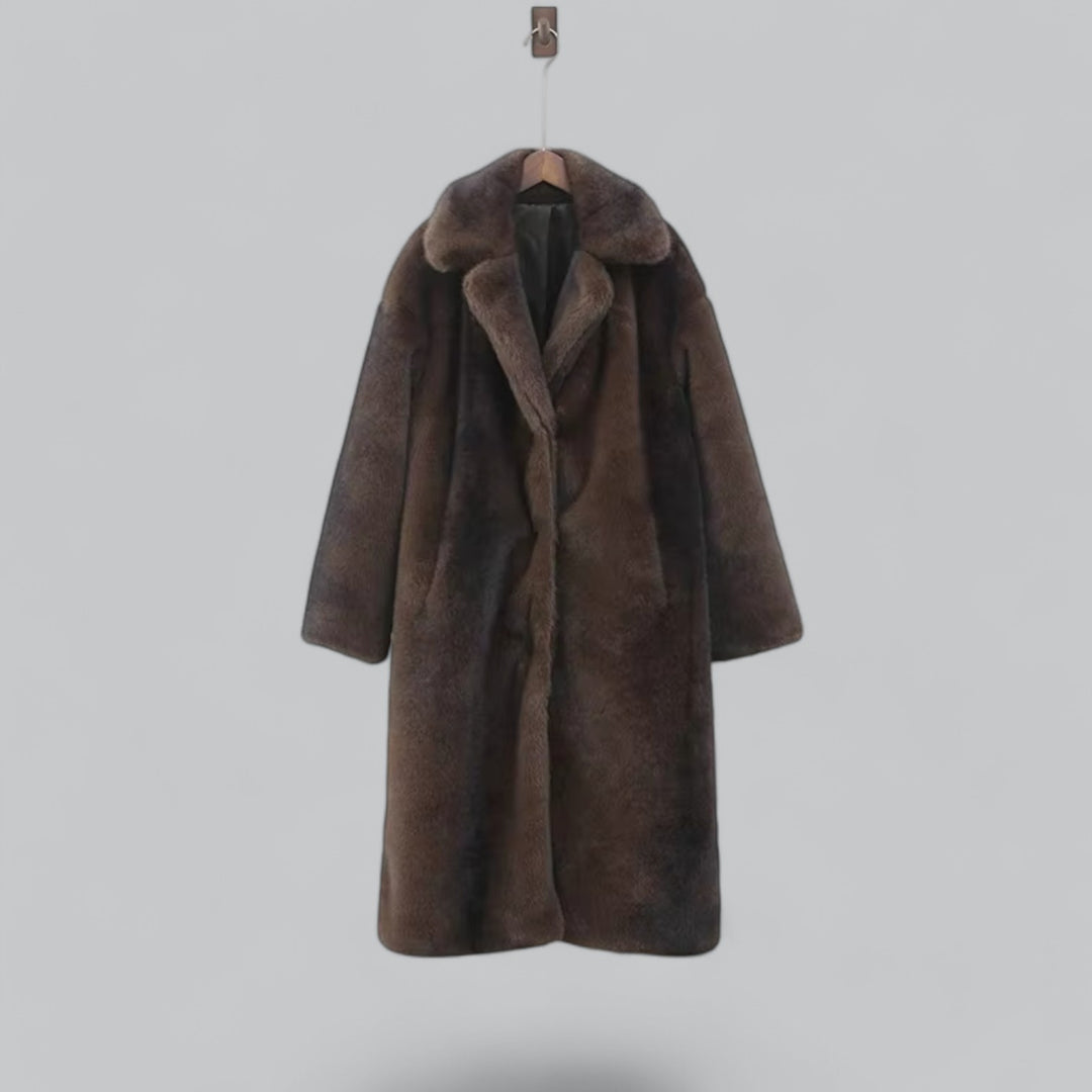 Women’s Long Faux Fur Trench Coat | Relaxed Fit | Elegant Dark Brown | Plush and Warm | Winter Statement Style