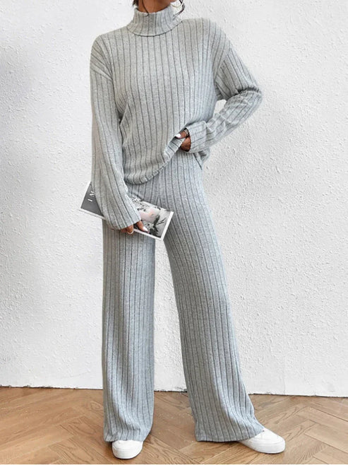 Women’s Two-Piece Knit Set with Turtleneck | Casual Jumper and Wide Leg Pants