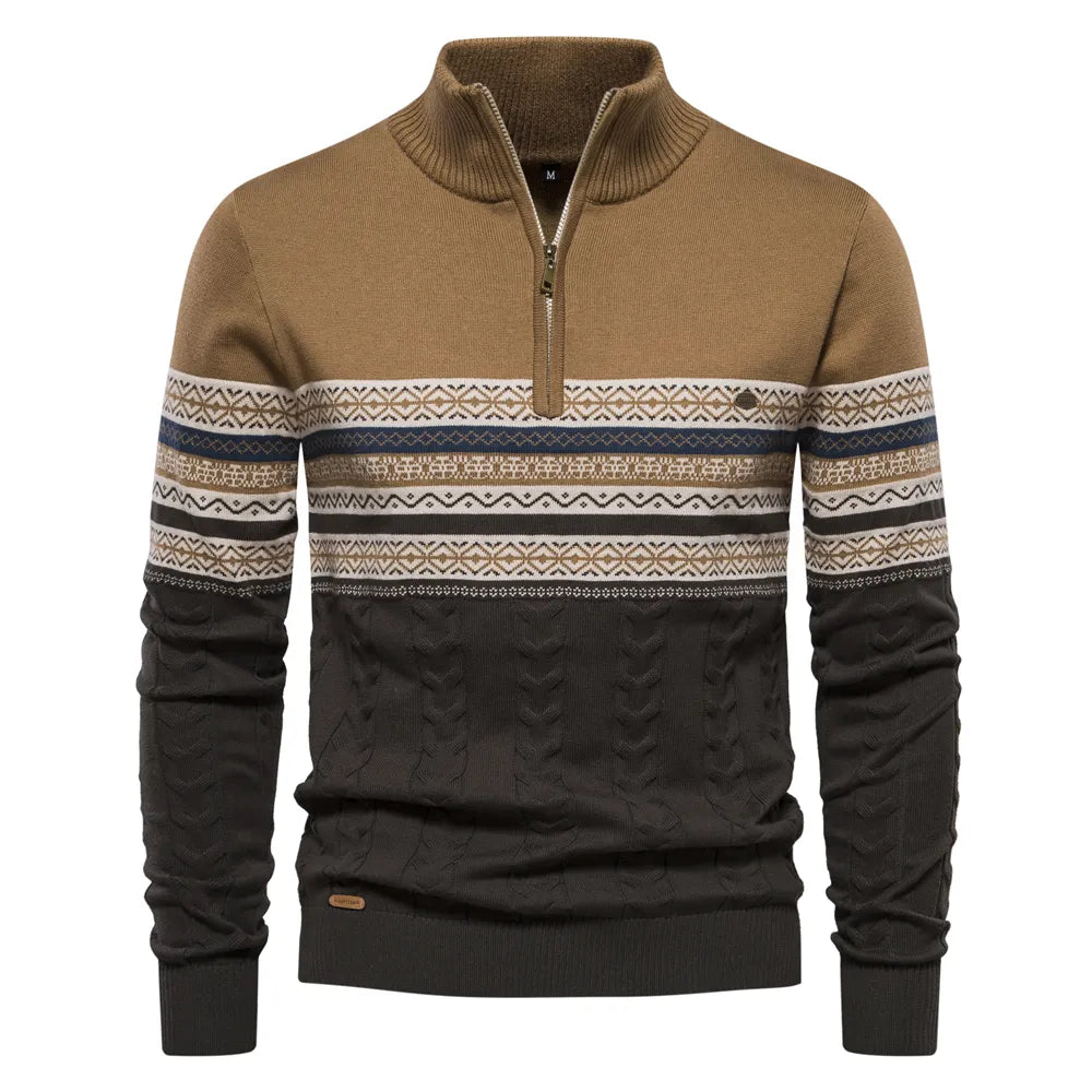 Men’s Half Zip Knitted Sweater with Retro Pattern | Warm Winter Jumper