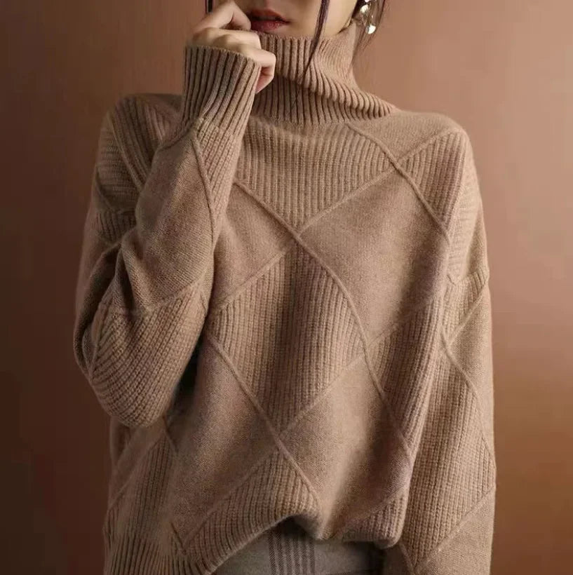 Women’s Turtleneck Jumper | Diamond Knit Pattern | Lightweight Warmth
