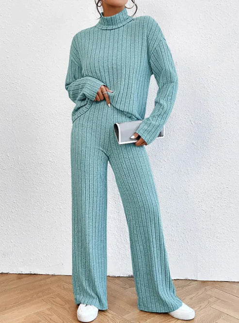 Women’s Two-Piece Knit Set with Turtleneck | Casual Jumper and Wide Leg Pants