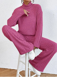 Women’s Two-Piece Knit Set with Turtleneck | Casual Jumper and Wide Leg Pants
