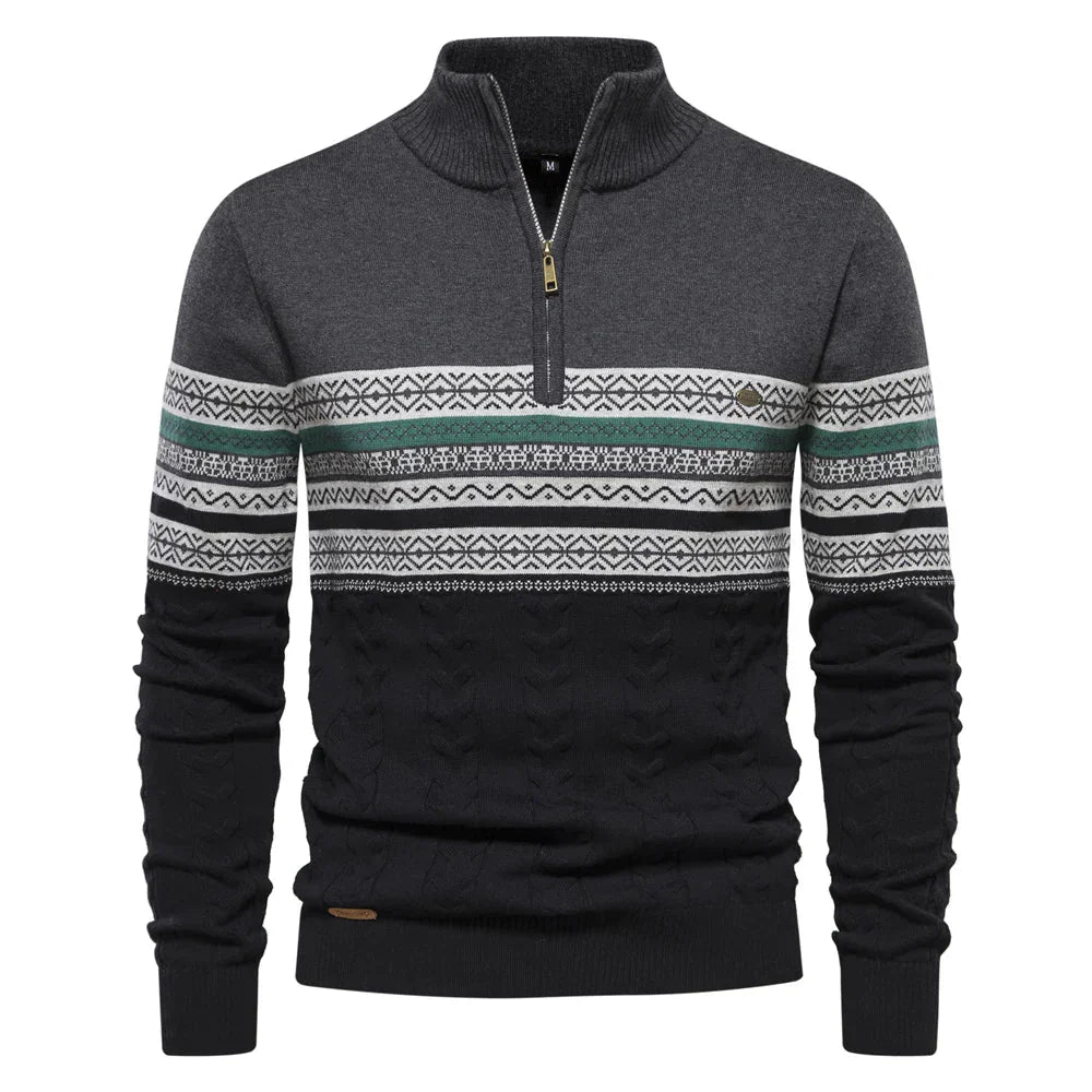Men’s Half Zip Knitted Sweater with Retro Pattern | Warm Winter Jumper