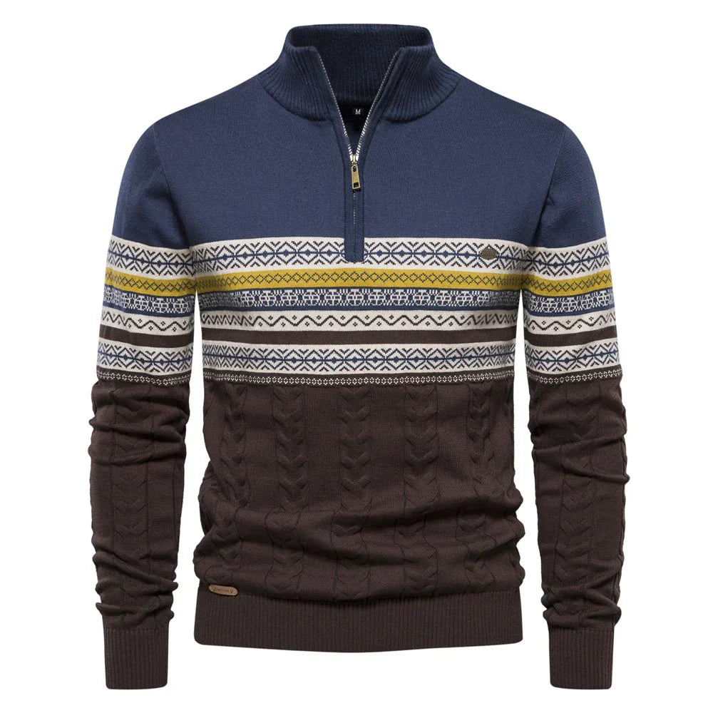 Men’s Half Zip Knitted Sweater with Retro Pattern | Warm Winter Jumper
