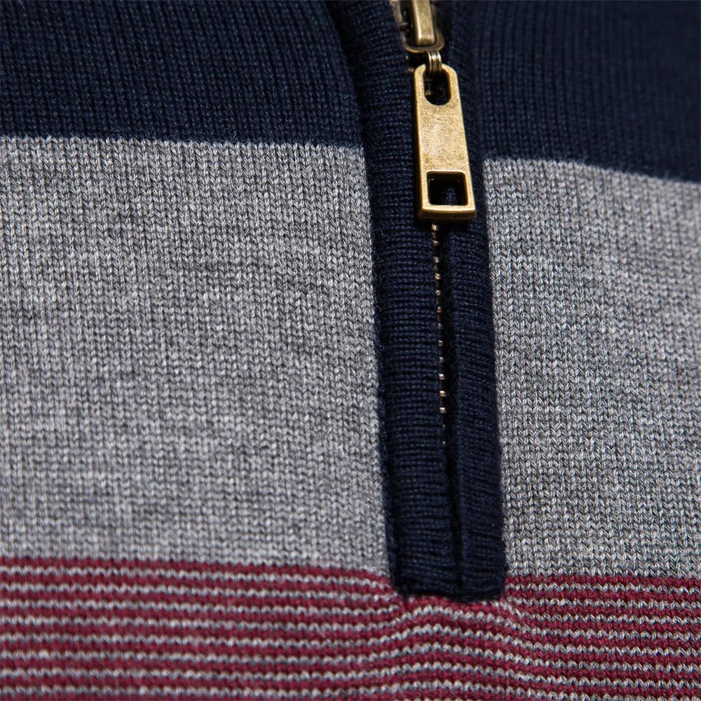 Men’s Striped Quarter Zip Jumper | High Collar Sweater | Slim Fit Knit | Autumn Layer