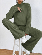 Women’s Two-Piece Knit Set with Turtleneck | Casual Jumper and Wide Leg Pants