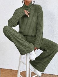 Women’s Two-Piece Knit Set with Turtleneck | Casual Jumper and Wide Leg Pants