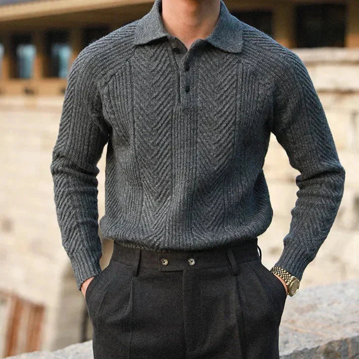 Men’s Patterned Knit Sweater | Long Sleeve Polo Style | Slim Fit Pullover | Autumn Smart Casual Layer