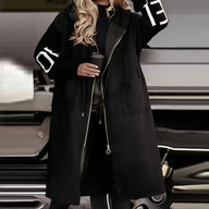 Women’s Long Hooded Coat in Black Zip-Up Style | Warm Fleece Lined Winter Jacket