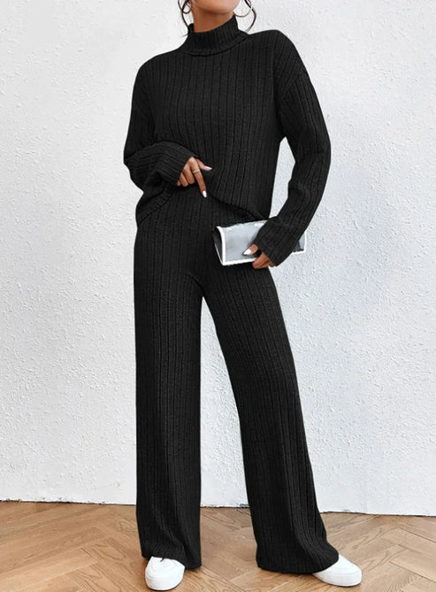 Women’s Two-Piece Knit Set with Turtleneck | Casual Jumper and Wide Leg Pants