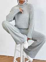 Women’s Two-Piece Knit Set with Turtleneck | Casual Jumper and Wide Leg Pants