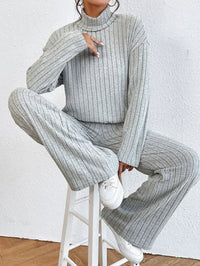 Women’s Two-Piece Knit Set with Turtleneck | Casual Jumper and Wide Leg Pants