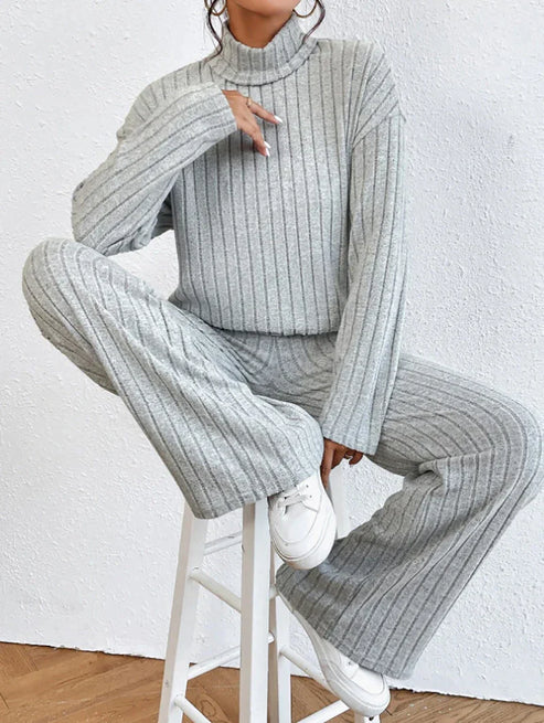 Women’s Two-Piece Knit Set with Turtleneck | Casual Jumper and Wide Leg Pants