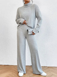 Women’s Two-Piece Knit Set with Turtleneck | Casual Jumper and Wide Leg Pants
