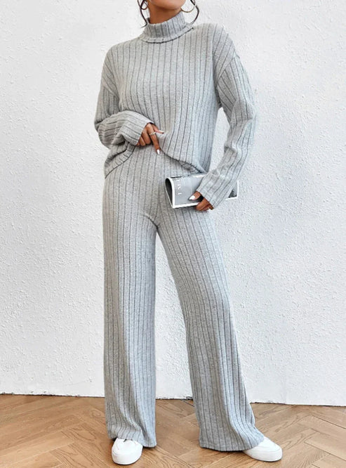 Women’s Two-Piece Knit Set with Turtleneck | Casual Jumper and Wide Leg Pants