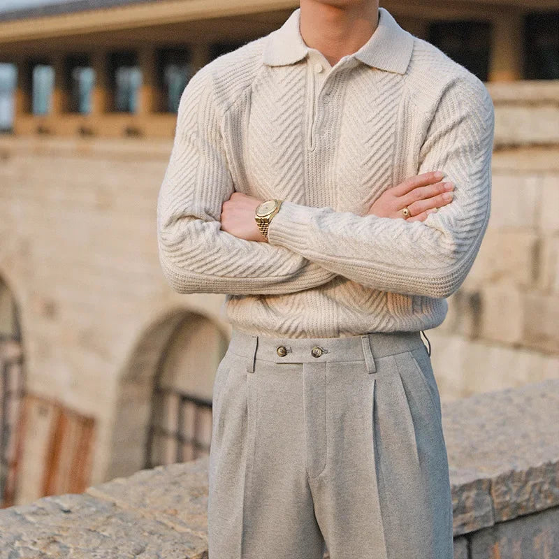 Men’s Patterned Knit Sweater | Long Sleeve Polo Style | Slim Fit Pullover | Autumn Smart Casual Layer