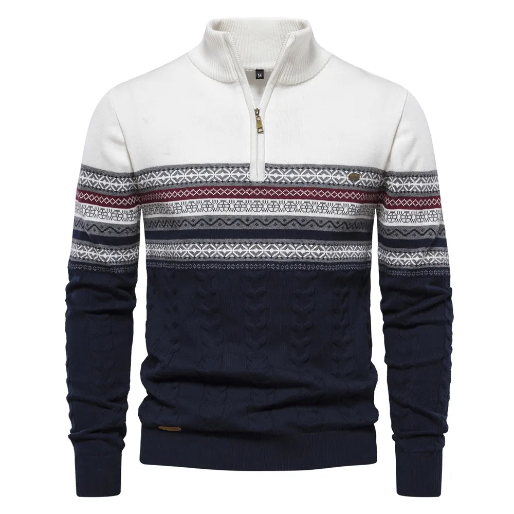 Men’s Half Zip Knitted Sweater with Retro Pattern | Warm Winter Jumper