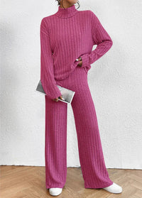 Women’s Two-Piece Knit Set with Turtleneck | Casual Jumper and Wide Leg Pants