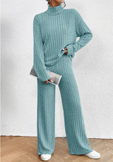Women’s Two-Piece Knit Set with Turtleneck | Casual Jumper and Wide Leg Pants