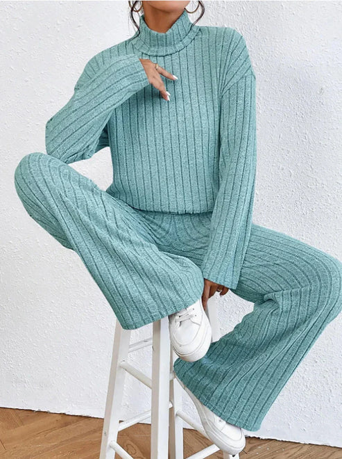Women’s Two-Piece Knit Set with Turtleneck | Casual Jumper and Wide Leg Pants