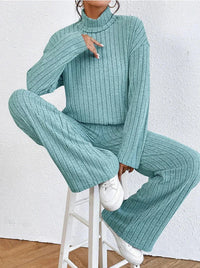 Women’s Two-Piece Knit Set with Turtleneck | Casual Jumper and Wide Leg Pants