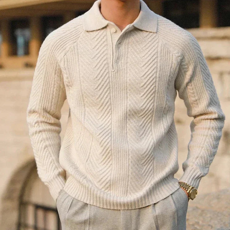 Men’s Patterned Knit Sweater | Long Sleeve Polo Style | Slim Fit Pullover | Autumn Smart Casual Layer