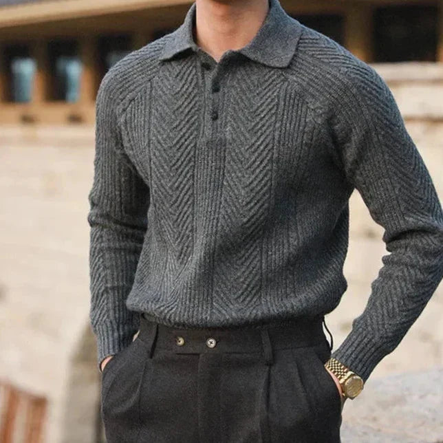 Men’s Patterned Knit Sweater | Long Sleeve Polo Style | Slim Fit Pullover | Autumn Smart Casual Layer