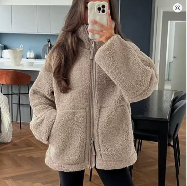 Women’s Wool Winter Jacket | Oversized Fleece Coat | Zip-Up Casual Outerwear | Warm Streetwear Layer