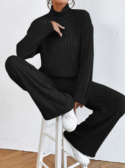 Women’s Two-Piece Knit Set with Turtleneck | Casual Jumper and Wide Leg Pants
