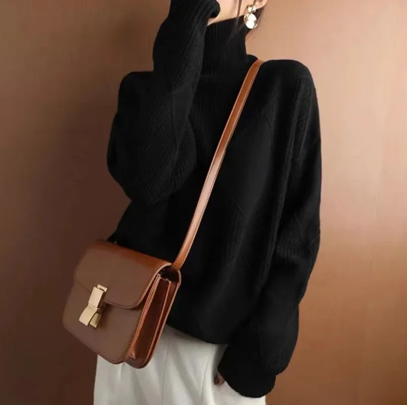Women’s Turtleneck Jumper | Diamond Knit Pattern | Lightweight Warmth