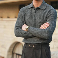 Men’s Patterned Knit Sweater | Long Sleeve Polo Style | Slim Fit Pullover | Autumn Smart Casual Layer