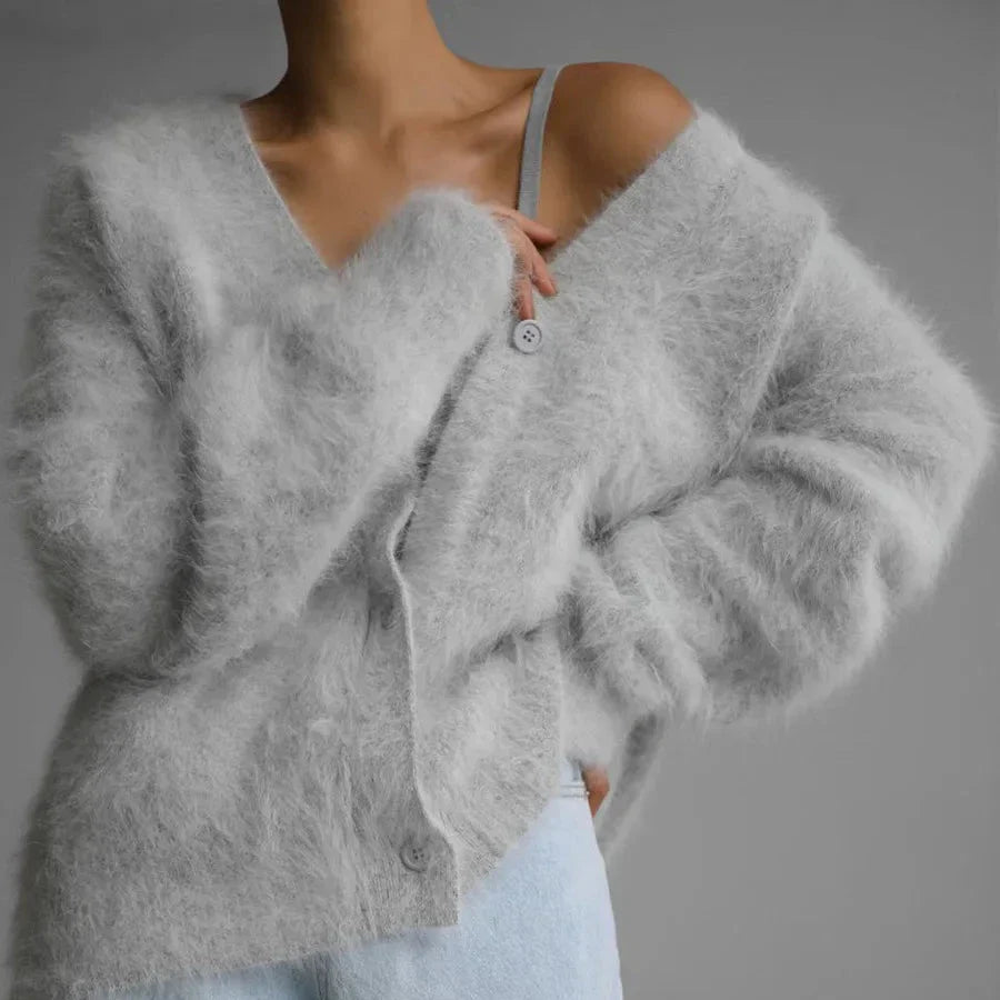 Women’s V-Neck Fluffy Cardigan | Ultra-Soft Knit | Cozy Lightweight Layer