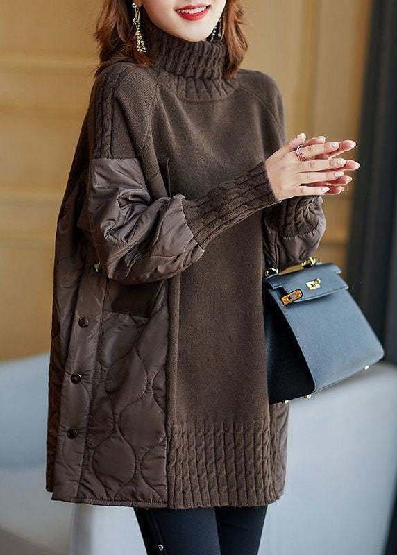 Women’s Coffee Turtleneck Sweater in Patchwork Knit | Warm Loose Fit Winter Jumper