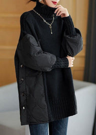 Women’s Coffee Turtleneck Sweater in Patchwork Knit | Warm Loose Fit Winter Jumper