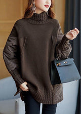 Women’s Coffee Turtleneck Sweater in Patchwork Knit | Warm Loose Fit Winter Jumper