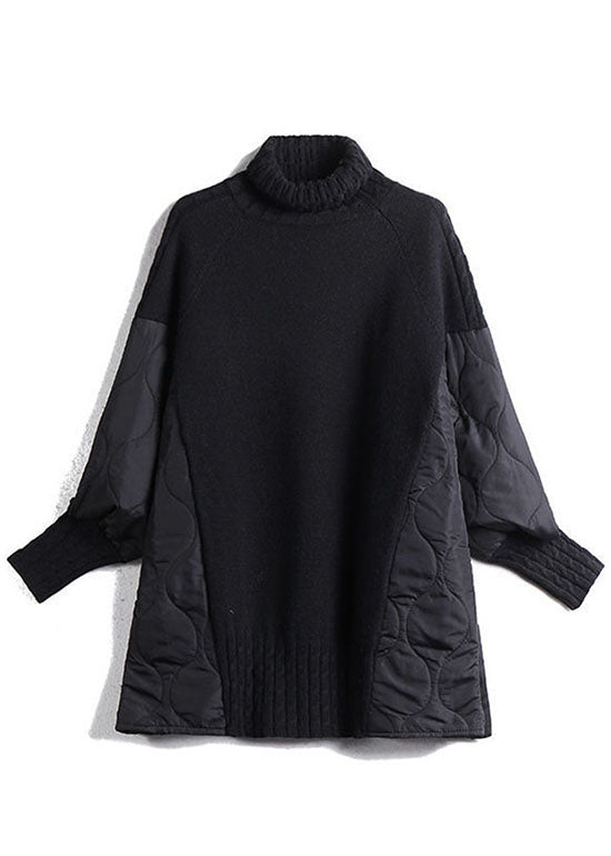 Women’s Coffee Turtleneck Sweater in Patchwork Knit | Warm Loose Fit Winter Jumper