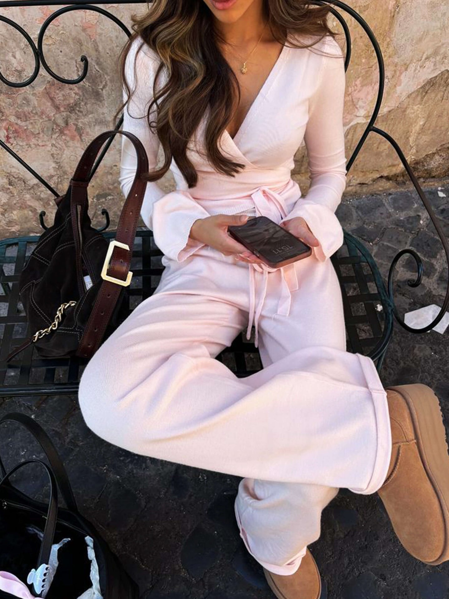 Two-Piece Pilates Set | V-Neck Top | Wide Leg Pants