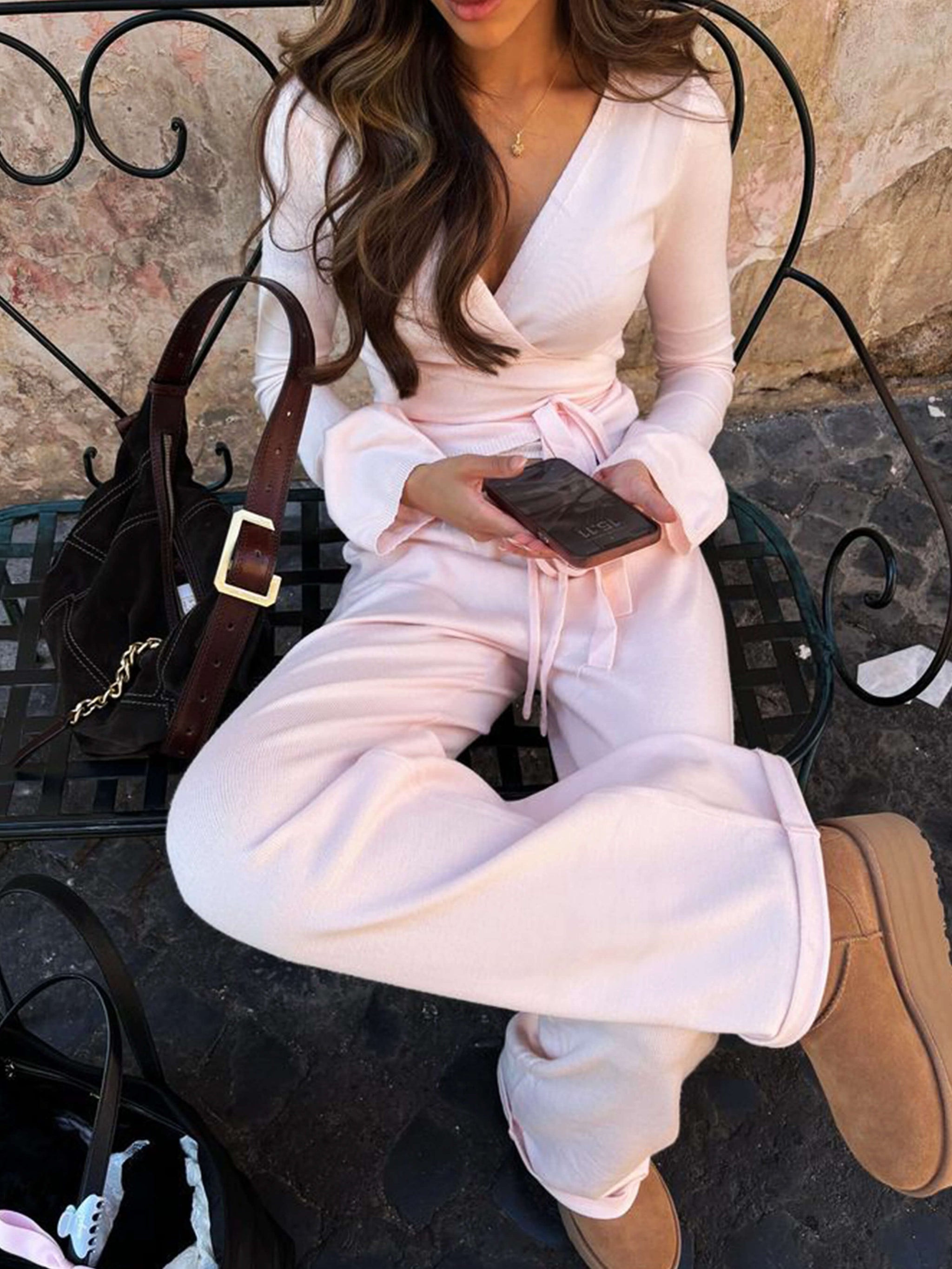 Two-Piece Pilates Set | V-Neck Top | Wide Leg Pants
