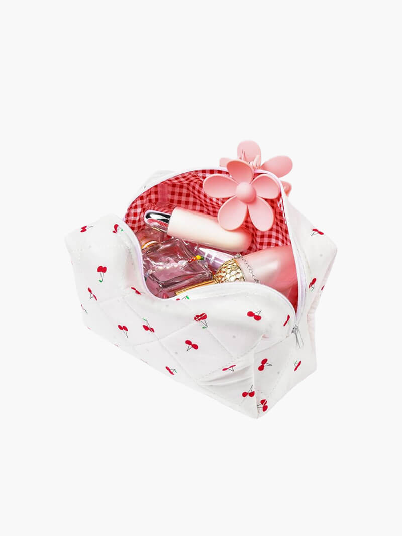 Quilted Makeup Bag | Vintage Travel Pouch | Compact & Stylish | Cherry Design