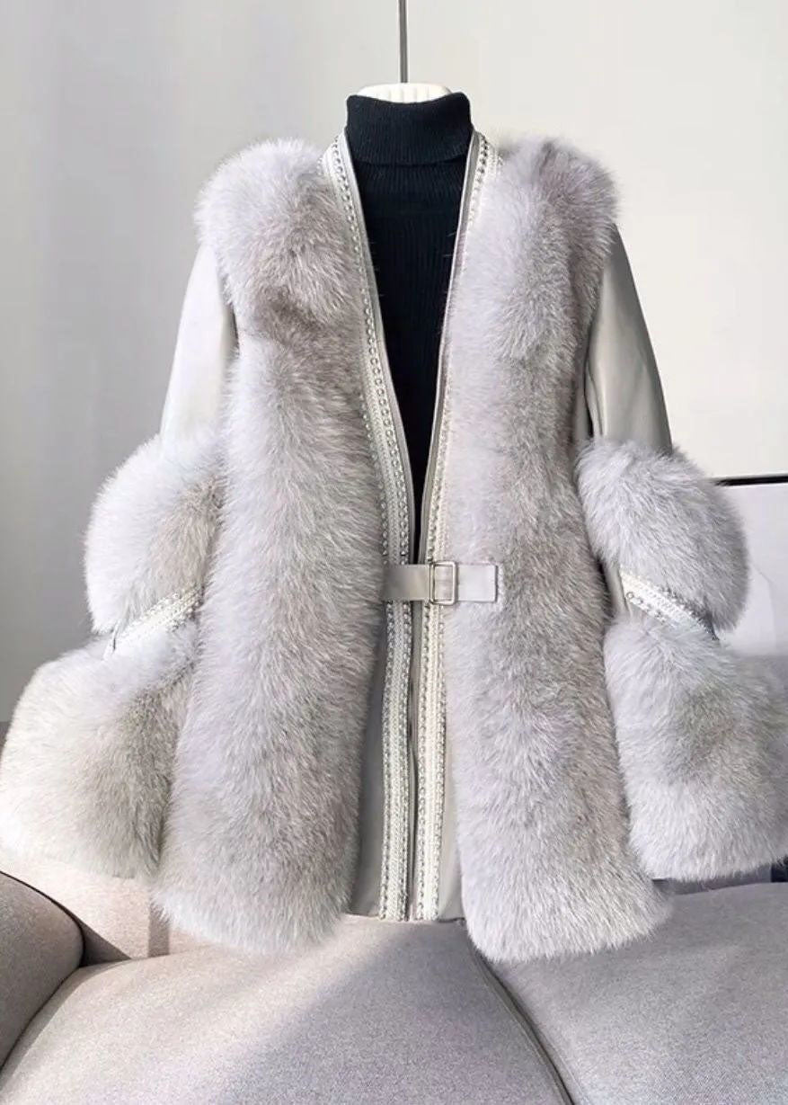 Women’s Winter Fur Coat | Long White Jacket with Quilted Padded Design