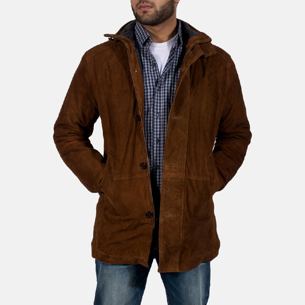 Men’s Brown Suede Jacket with Hooded Winter Style | Warm Casual Coat