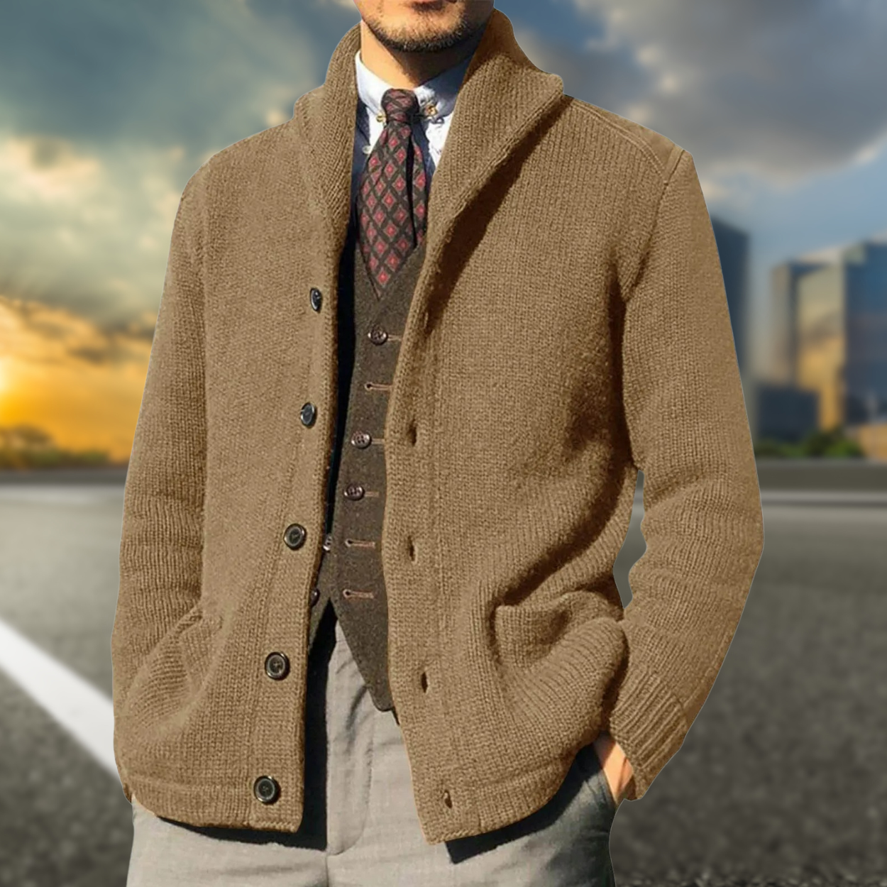 Men’s Knit Cardigan | Shawl Collar Sweater with Button Closure