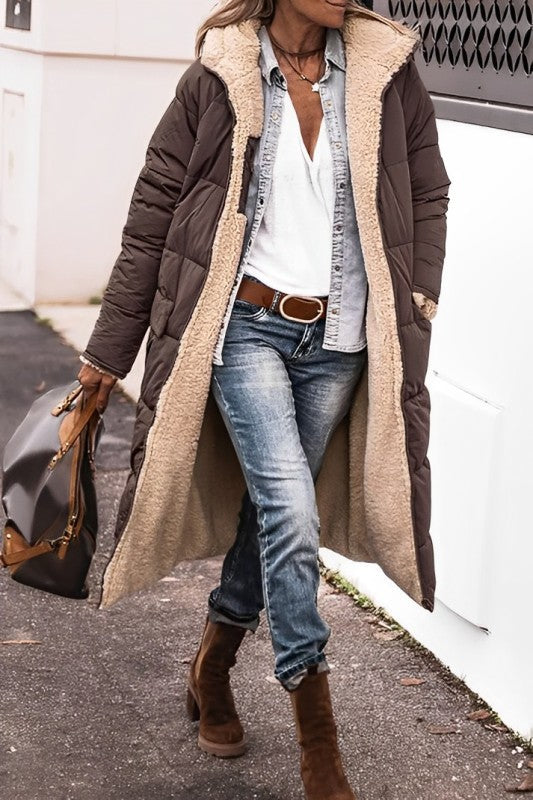 Women’s Long Winter Coat | Hooded Warm Jacket | Reversible Teddy Lined Outerwear | Cold-Weather Protection