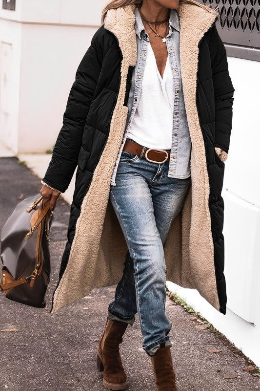 Women’s Long Winter Coat | Hooded Warm Jacket | Reversible Teddy Lined Outerwear | Cold-Weather Protection