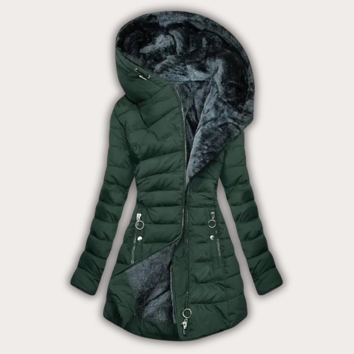 Women’s Hooded Puffer Coat | Asymmetrical Zip | Faux Fur Lining